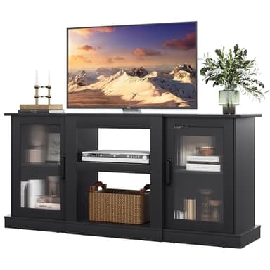 WLIVE Retro TV Stand for 65 inch TV, TV Console Cabinet with Storage, Open Shelves Entertainment Center for Living Room and Bedroom, Black - Image 1