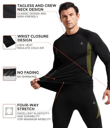 CL convallaria Thermal Underwear for Men, Long Johns Winter Hunting Gear Sport Base Layer Top and Bottom Set Midweight Black L - Image 2