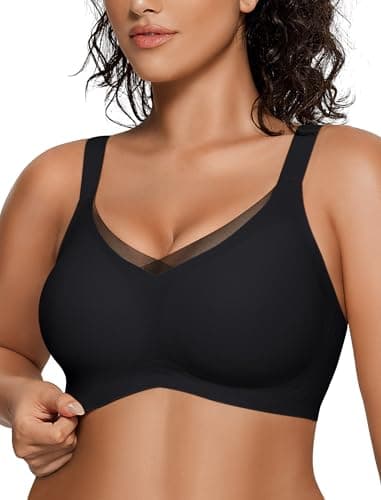 OEAK Womens Wireless Bras V Mesh Comfortable Bralette Supportive Tshirt Bra No Underwire Seamless Push Up Everyday Bras Black L - Image 1