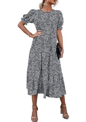 PRETTYGARDEN Summer Dresses for Women 2025 Casual Floral Boho Midi Sun Dress Puff Short Sleeve Flowy Beach Vacation Sundress (Black/White,Large) - Image 1