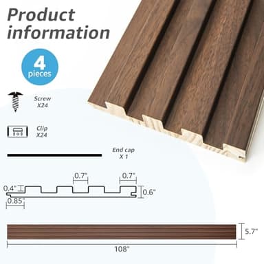 Art3d Slat Wood Wall Paneling for Interior and Ceiling Decoration - Pack of 4pcs + 1pc End-Trim, Size 108 x 5.7in.- Walnut - Image 3
