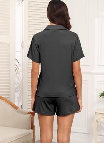 BEKOFO Women Ribbed Knit Pajamas Button Down Lounge Set 2 Pieces Pj Sets Loungewear Black M - Image 3