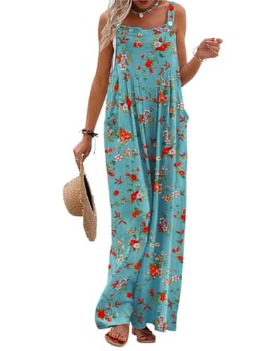 YESNO Women's Summer Casual Overalls Loose Wide Leg Jumpsuits Boho Floral Printed Baggy Rompers with Pockets L PZH CR14 - Image 1