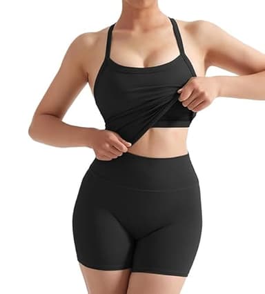 SUUKSESS Women 2 Piece Workout Sets High Waisted Tummy Control Biker Shorts Halter Padded Tank Tops Racerback Sports Bras (Black, L) - Image 4