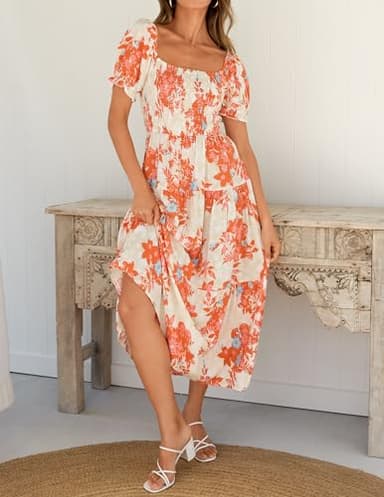 ZESICA Women's 2025 Summer Boho Floral Print Square Neck Ruffle Swing Beach Long Maxi Dress,Tangerine,Medium - Image 6