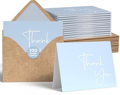 VNS Creations Thank You Cards With Envelopes Bulk Set & Stickers - 100 Pack 4x6 Blank Thank You Notes Bulk Box Set - Large Note Card Small Business, Wedding, Baby Shower & Bridal Shower - Light Blue - Image 1