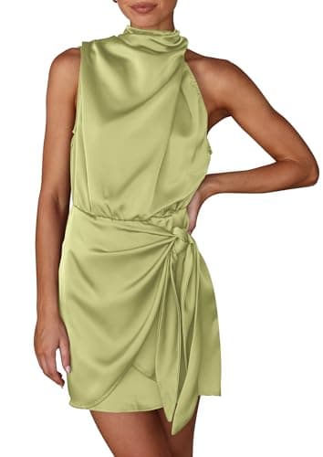 PRETTYGARDEN Women's Short Formal Satin Dress Summer Sleeveless Mock Neck Tie Waist Cocktail Party Dresses (Tender Green,Small) - Image 1