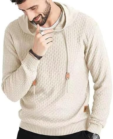 Zaitun Mens Hooded Sweatshirt Long Sleeve Solid Knitted Hoodie Pullover Sweater - Image 4