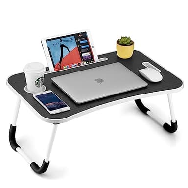 FISYOD Foldable Laptop Table, Portable Lap Desk Bed Table Tray, Laptop Stand with Cup Holder & Tablet Slot & Lifting Handle for Working Writing Drawing & Eating (Black) - Image 1