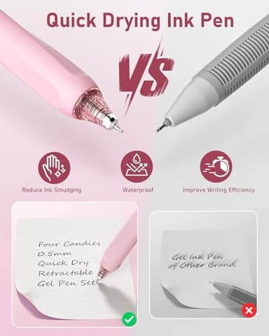 Four Candies 14Pack Pastel Gel Ink Pen Set,Cute Retractable 0.5mm Fine Point Pen,Note Taking Aesthetic Pens,12 Pack Black Ink Pens with 2Pack Highlighter, Smooth Writing Pens for School, Office (Pink) - Image 8