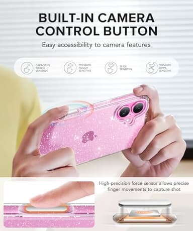 BERFY Compatible with iPhone 16 Case Glitter, [3 in 1] with Screen Protector + Camera Lens Protector, [Non-Yellowing] Clear Sparkle Slim Shockproof Hard Phone Cover for Women 6.1", Shiny Clear - Image 5