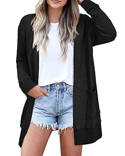 STYLEWORD Women's 2025 Fall Fashion Cardigan Sweater Summer Waffle Lightweight Open Front Knit Casual Long Cardigans Daily Outfits Clothes with Pockets(Black-XXL) - Image 1