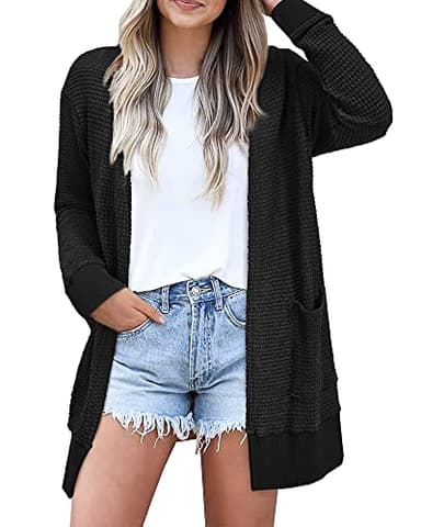 STYLEWORD Women's 2025 Fall Fashion Cardigan Sweater Summer Waffle Lightweight Open Front Knit Casual Long Cardigans Daily Outfits Clothes with Pockets(Black-XXL) - Image 1