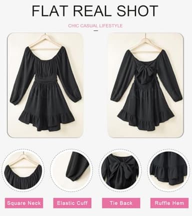 Dokotoo Square Neck Fall Dresses for Women Fashion 2025 Tie Back Lantern Long Sleeve Wedding Guest Dress Ruffle A-Line Beach Dress Elastic Waist Mini Casual Dresses Black X-Small - Image 3