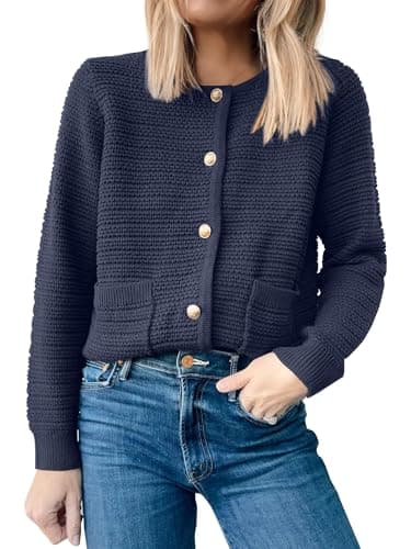 ANRABESS Womens Cardigan Sweater Long Sleeve Button Down Lady Tweed Knit Jackets 2025 Fall Outfits Navy Blue Medium - Image 1