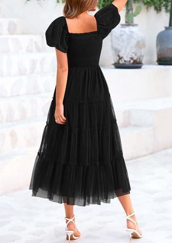 PRETTYGARDEN Women's Smocked Midi Tulle Dress 2025 Summer Puffy Short Sleeve Square Neck Ruffle Wedding Guest Party Dresses (Black,Medium) - Image 2