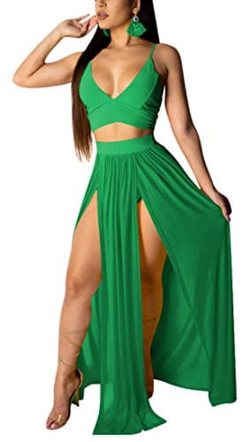 Goddess Dress 2 Piece Outfits Chiffon Strap Deep V Neck Bra Crop Top High Split Maxi Dress Skirt Set Beachwear Cute Green XS - Image 1