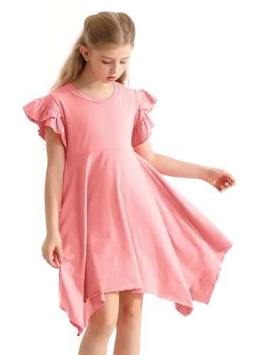 Alakuoti Girls Pink Dress Spring Cotton Solid Color Casual Dresses Cute High Low Swing Easter Beach Party Wear Girls Dresses Size 8 - Image 3
