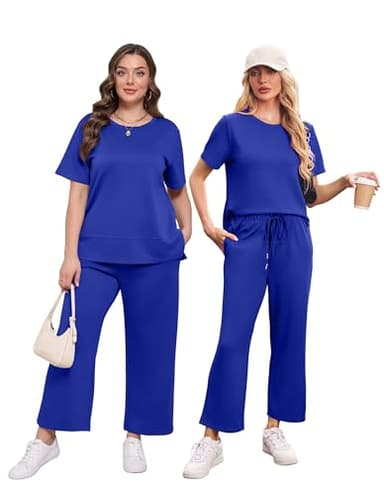 XIEERDUO Womens Sweatsuit Two Piece Summer Outfits 2 Pc Lounge Set Spring Travel Short Sleeve Tracksuit Wide Leg Loungewear Women's Track Suit Vacation Clothes Blue M - Image 4