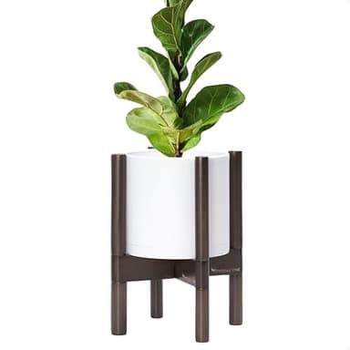 D'vine Dev Planter Pot with Stand - 8 Inch Plastic Cylinder Flower Pot with Wood Planter Holder for Indoor, Matte White Pot + Walnut Color Stand, 55-C-I-1 - Image 3