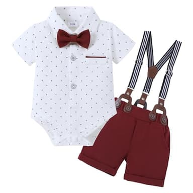 ZOEREA Baby Boy Clothes Suit Infant Short Sleeve Gentleman Outfits Dress Shirt+Bowtie+Suspender Shorts Wine Red 0-18M - Image 1