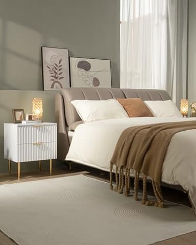 SICOTAS White Night Stand Set 2, Fluted Glossy Nightstand with 2 Drawers, Wide Modern Storage Bedside Table for Bedroom, End Side Table with Golden Metal Legs and Handles (White, 2 Pieces) - Image 7