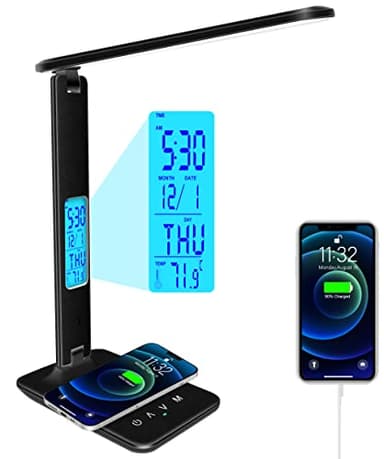 Desk Lamp with Wireless Charger，USB Charging Port, Dimmable Office Desk Light with Clock, Alarm, Date, Temperature, Foldable Lamp for Table Bedroom Bedside Office (Black, Standard Size-13.3 inch) - Image 1