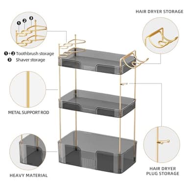 Shuang Qing Elegant Minimalist Bathroom Counter Organizer, 3 Tier - Grey - Image 4