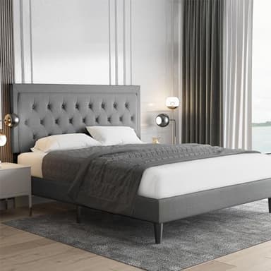 Allewie Queen Size Upholstered Platform Bed Frame with Adjustable Headboard, Button Tufted, Wood Slat Support, Easy Assembly, Light Grey - Image 1