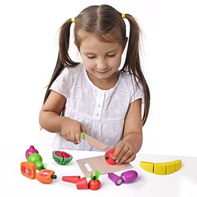 FUN LITTLE TOYS 35PCS Wooden Play Food for Kids Kitchen, Pretend Cutting Food Toys with Wooden Tray, Dishes and Knife for Kids, Pretend Play Food for Christmas Birthday Gifts - Image 8