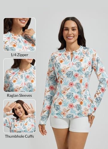 baleaf Swim Shirts for Women Long Sleeve Rash Guard Quarter Zip Sun Shirts UV Protection Bathing Suit Top with Zipper Pockets White Floral S - Image 3