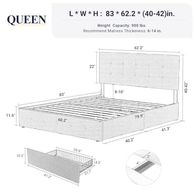 Allewie Upholstered Queen Size Platform Bed Frame with 4 Storage Drawers and Headboard, Square Stitched Button Tufted, Mattress Foundation with Wooden Slats Support, No Box Spring Needed, Dark Grey - Image 2