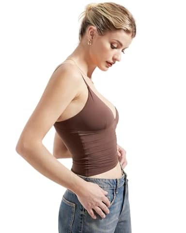 SUUKSESS Women Sexy Deep V Neck Sleeveless Fitted Basic Tops Y2K Going Out Crop Tank Top Camisole (Brown,S) - Image 4