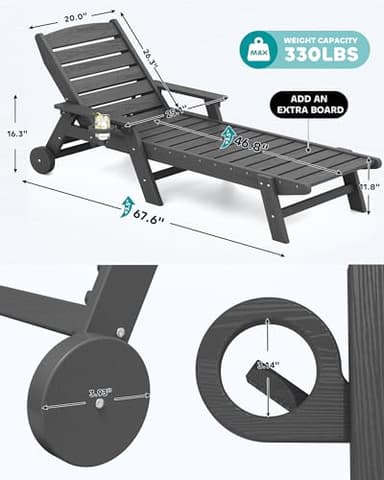 SERWALL Patio Chaise Lounge Chair Set of 8, 5 Positions Adjustable Outdoor Lounge Chair for Pool, Plastic Lounge Chair with Rolling Wheels & Cup Holder for Poolside, Deck, Slate Gray - Image 2