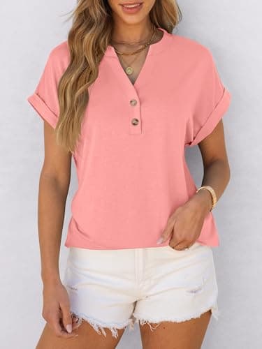 ANRABESS Womens Short Sleeve Henley Tops V Neck Dressy Casual Blouses Summer Trendy Tee Shirts 2025 Vacation Fashion Clothes Coral L - Image 3