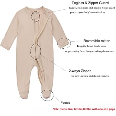Aablexema Baby Zipper Pajamas Bamboo Rayon, 3pcs Unisex Infant Onesie with Mitten Long Sleeve Footed Pjs(Beige & Pink & Purple,0-3m) - Image 3