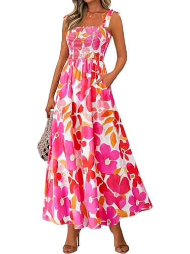 PRETTYGARDEN Womens Summer Dresses Floral Sleeveless Smocked Maxi Dress Boho Spaghetti Strap A Line Flowy Beach Long Sundress(Floral White Rose Red,Medium) - Image 1