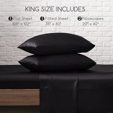 MR&HM Satin Sheets King Size with Elastic Corner Straps, 4-Piece Silky Bedding Set, Deep Pocket 15 Inches, Good for Hair & Skin (King, Black) - Image 2