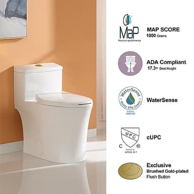 HOROW T0338WG One Piece Toilet with Gold Button, Elongated Toilet with Comfort Seat Height, ADA Chair Height 17.3", Dual Flush 0.8/1.28 GPF & MAP 1000g, Standard White Toilet Bowl, Gold Tank Button - Image 4