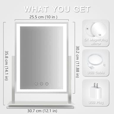 HIEEY Lighted Makeup Mirror, Hollywood Vanity Mirror with Lights, Three Color Lighting Modes, and 5X Magnification Mirror, Smart Touch Control, 360°Rotation (14.1in,White,Gift Box) - Image 3