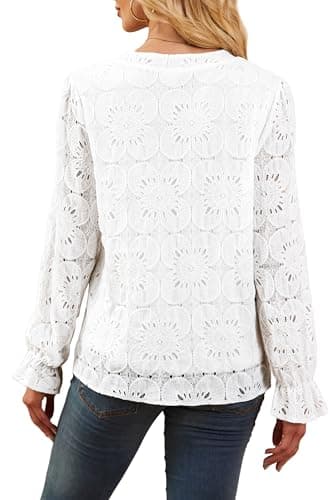 RUMIA Long Sleeve Shirts for Women Fall Fashion Clothing 2025 Eyelet Lace Tops Dressy Casual Blouses V Neck Embroidered Blouse Lining White Shirts M - Image 7