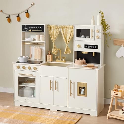 Tiny Land Play Kitchen for Kids, Toy Kitchen Set with Plenty of Play Features, New Modern Kids Wooden Play Kitchen Designed in Trendy Home Style with Curtains, Gift for Ages 3+ - Image 1
