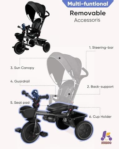 KRIDDO 7-in-1 Tricycle Stroller for Toddlers 18 Months to 5 Years, Adjustable Push Handle, Rotatable Seat, Cup Holder and Retractable Canopy, Folding Baby Trike w/Detachable Guardrail, Footrest, GY - Image 4
