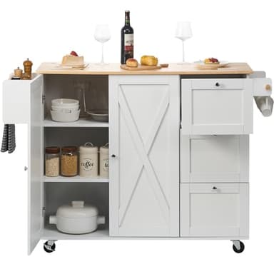 VEVOR Kitchen Island Cart, 45.3x39 inch Rolling Kitchen Table, Mobile Carts with Storage Cabinet and Solid Wood Top, Portable Islands with Wheels, Spice Rack, Towel Rack, Drop Leaf and Drawer, White - Image 11