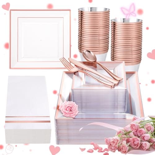 Festiva 350Pcs Rose Gold Plastic Plates - Clear Rose Gold Disposable Dinnerware Sets for 50Guests include 100 Plates 50 Cups 50Plastic Cutlery 50Napkins Perfect for Party&Wedding&Mother's Day - Image 1