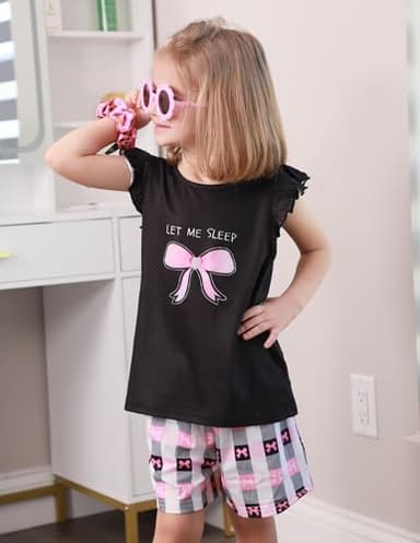 Arshiner Girls Pajamas Set Short Sleeve Pjs Sleepwear 3PCS Summer Lounge Sets Nightwear Bow Plaid 5-6Years - Image 2