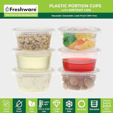 Freshware Plastic Portion Cups with Lids [2 Ounce, 400 Set] Disposable Plastic Cups for Meal Prep, Salad Dressing, Jellos Shot Cups, Souffle Cups, Condiment and Dipping Sauce Cups - Image 2