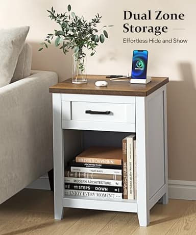 Decofy Farmhouse Nightstand with Charging Station & Large Storage, Set of 2 Modern End Tables with Outlets, USB Ports and Type-C Ports, Easy Assembly for Bedroom (Pure White + Walnut) - Image 4