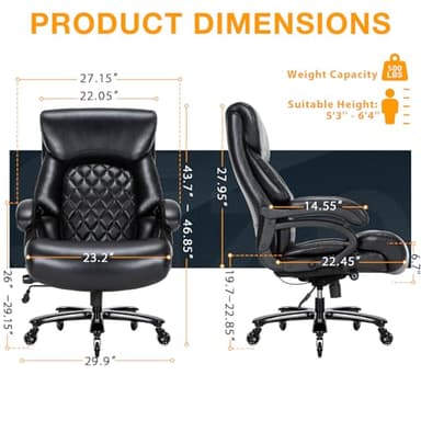 Big and Tall Office Chair for Heavy People, 500LBS High Back Extra Wide Heavy Duty Executive Office Chair Comfortable for Home Office, Large Computer Desk Chair with Adjustable Lumbar Support Black - Image 3