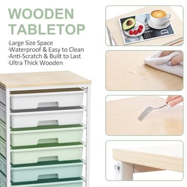 Rolling Storage Utility Cart Organizers with 8 Drawers and Wooden Tabletop for Living Room,Office,Classroom,Craft Room,Bedroom,Dorm,Green - Image 3